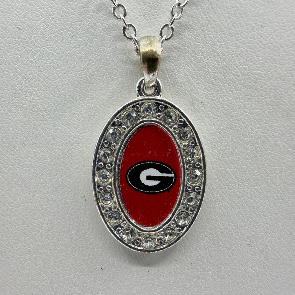Georgia Bulldogs Sports Logo Oval Pendant Necklace Silver Tone Crystal Accent